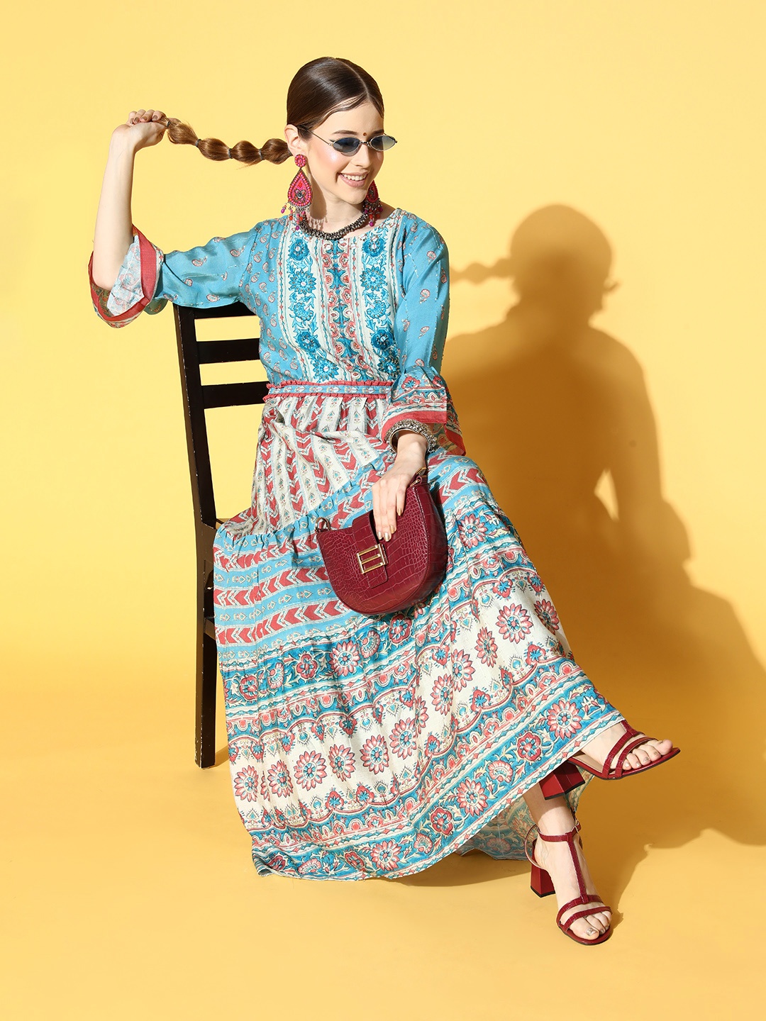 

ZOLA Women Stunning Blue Ethnic Motifs Swirling Volume Dress