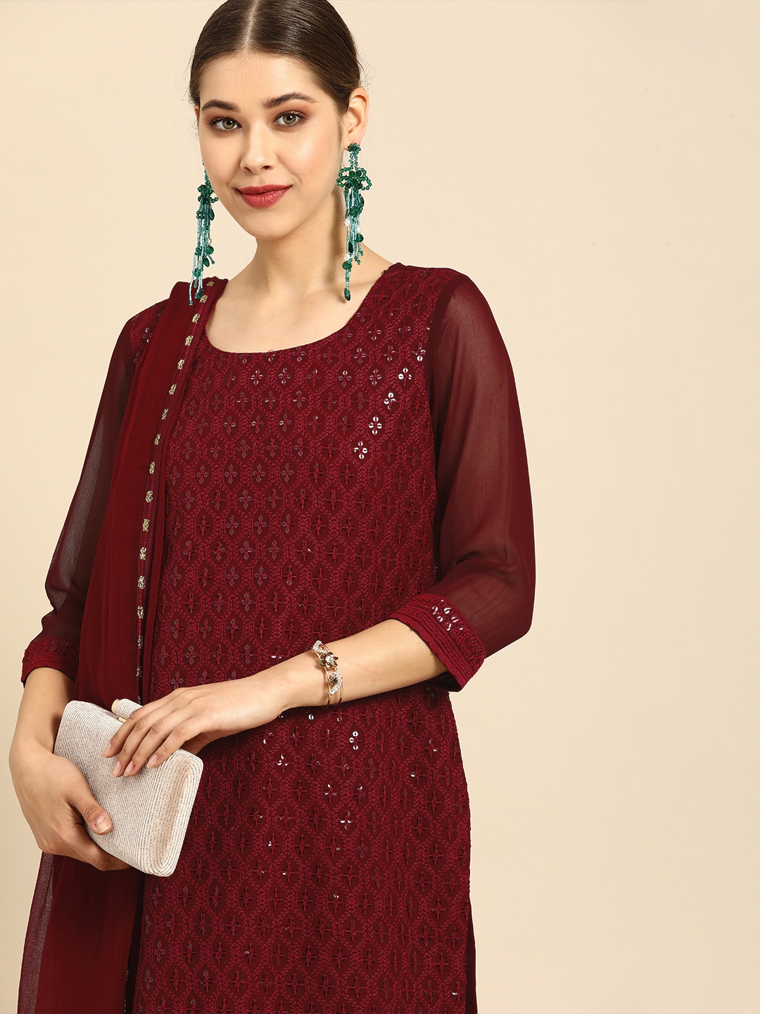 

Anouk Women Maroon Embroidered Sequinned Kurta with Palazzos & Dupatta