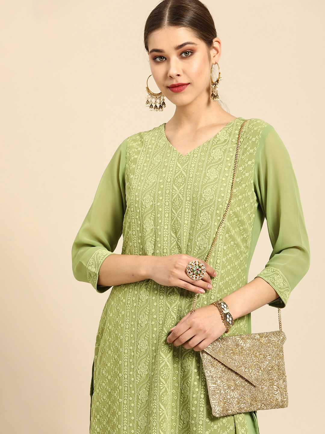 

Anouk Women Green Ethnic Motifs Embroidered Sequinned Straight Kurta with Palazzos