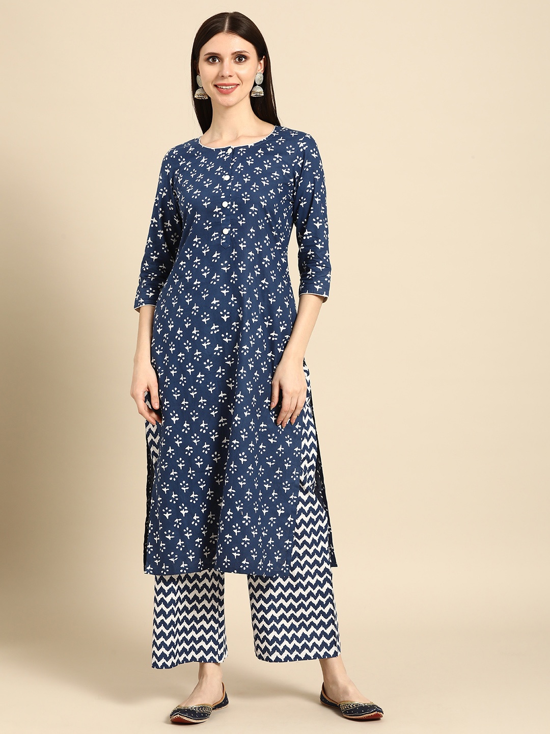 

Anouk Women Blue & White Ethnic Motifs Printed Pure Cotton Kurta with Palazzos
