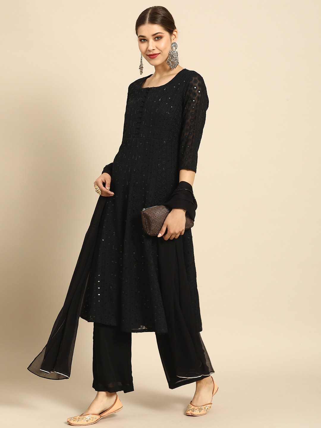 

Anouk Women Black Ethnic Motifs Embroidered Panelled Anarakli Kurta Palazzos Dupatta