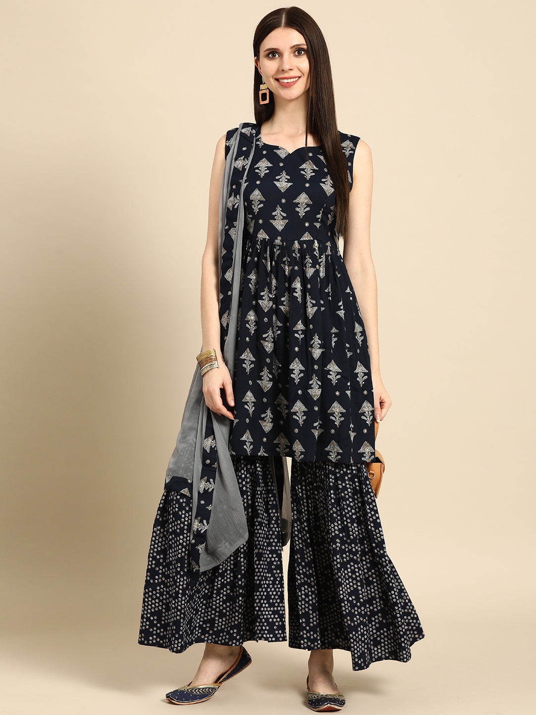 

Anouk Women Navy Blue & Grey Ethnic Motifs Printed Kurta with Sharara & Dupatta