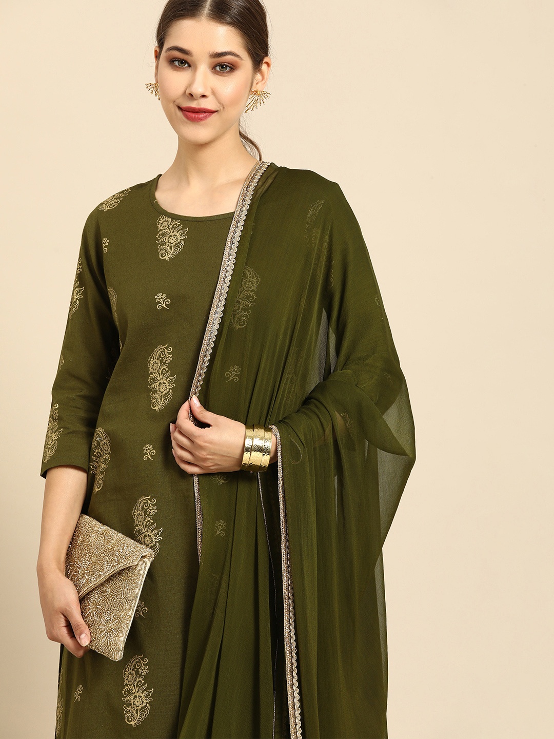 

Anouk Women Olive Green & Gold Ethnic Motifs Print Cotton Straight Kurta Palazzos Dupatta