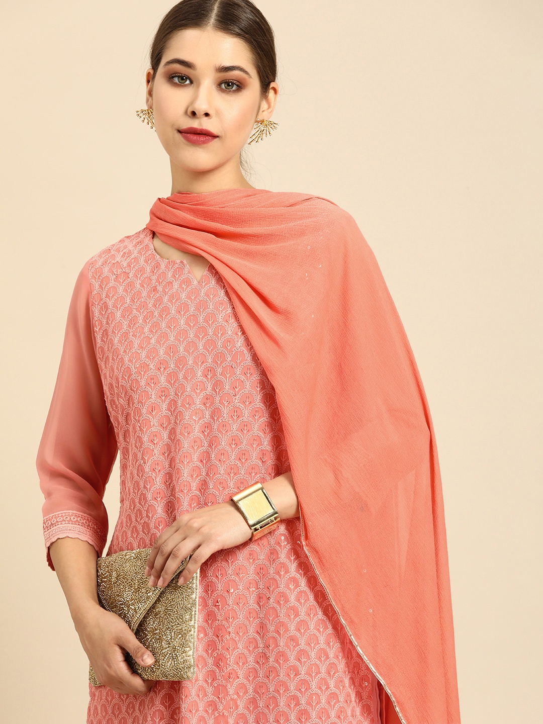 

Anouk Women Peach-Coloured Ethnic Motifs Embroidered Straight Kurta Palazzos Dupatta