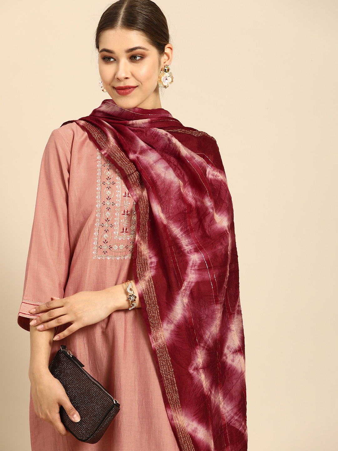 

Anouk Women Dusty Pink & Maroon Ethnic Motifs Embroidered Kurta with Palazzos & Dupatta, Rose