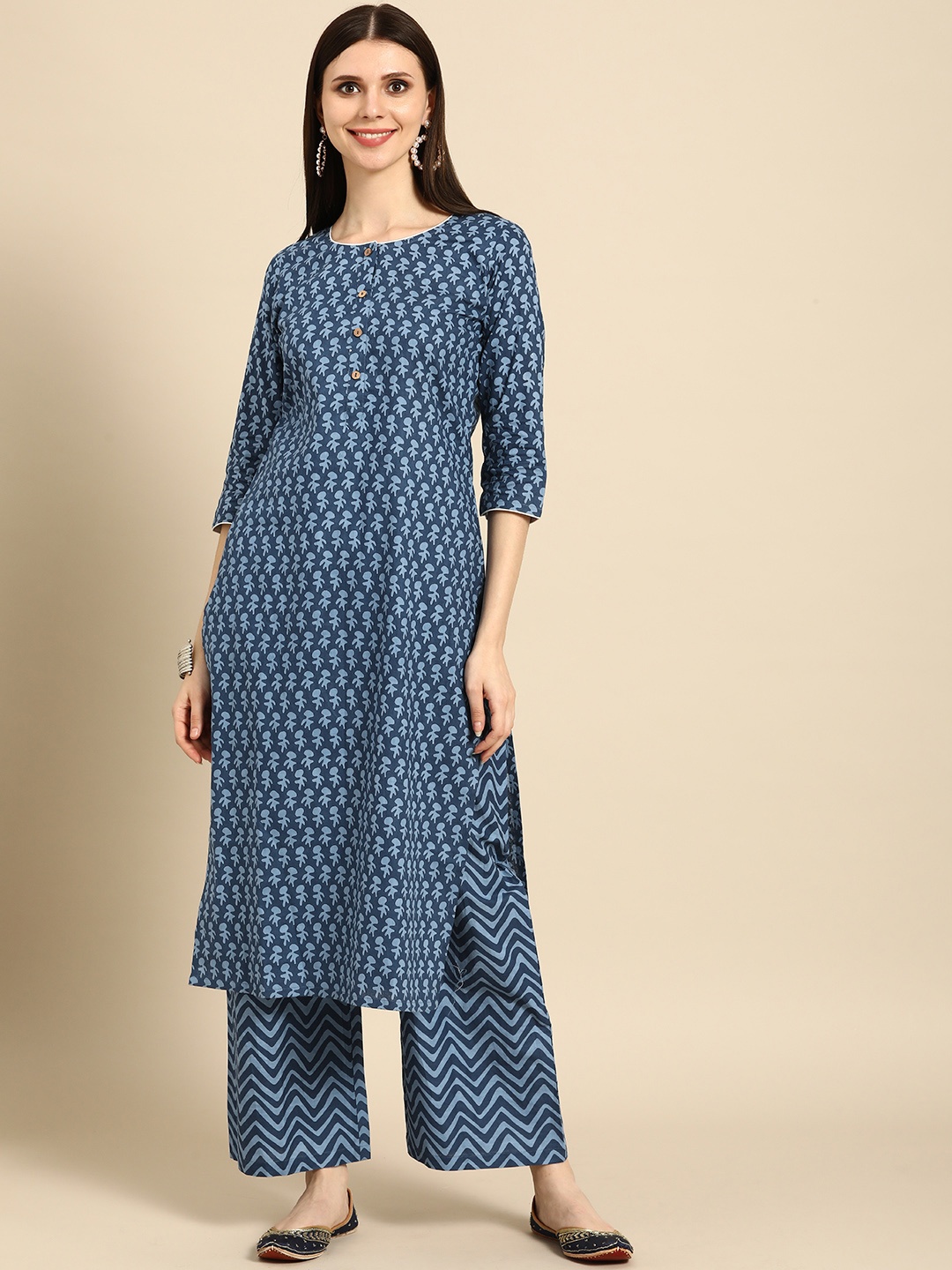 

Anouk Women Navy Blue Ethnic Motifs Printed Pure Cotton Kurta with Palazzos