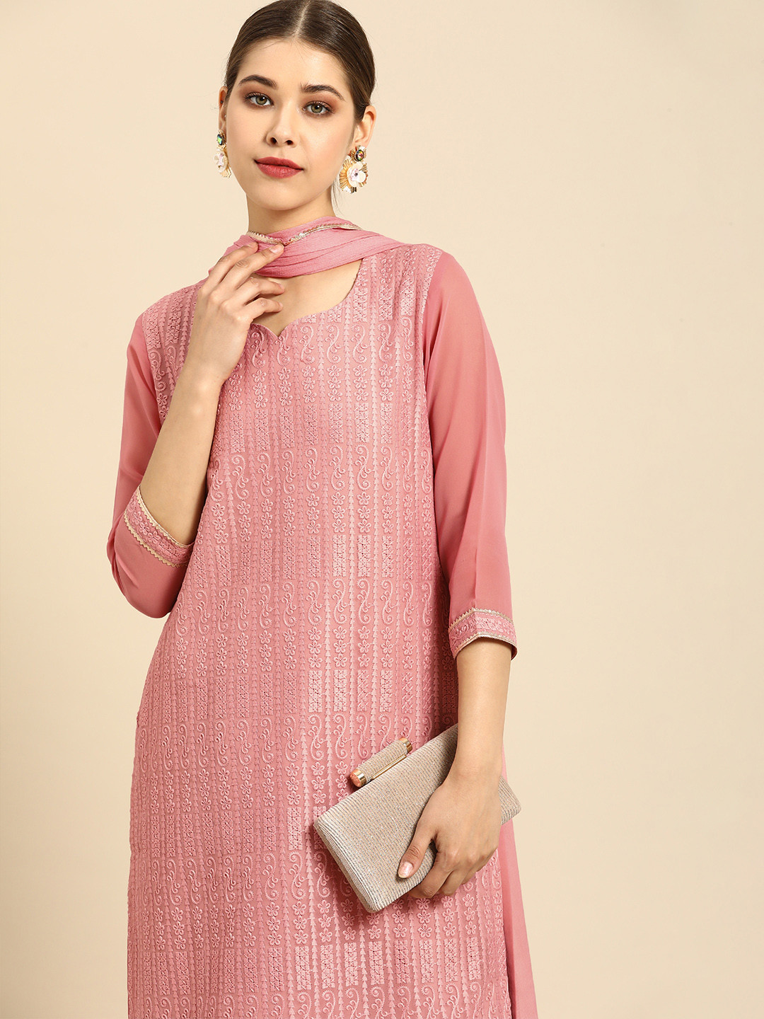

Anouk Women Pink Ethnic Motifs Embroidered Sequinned Kurta with Palazzos & Dupatta