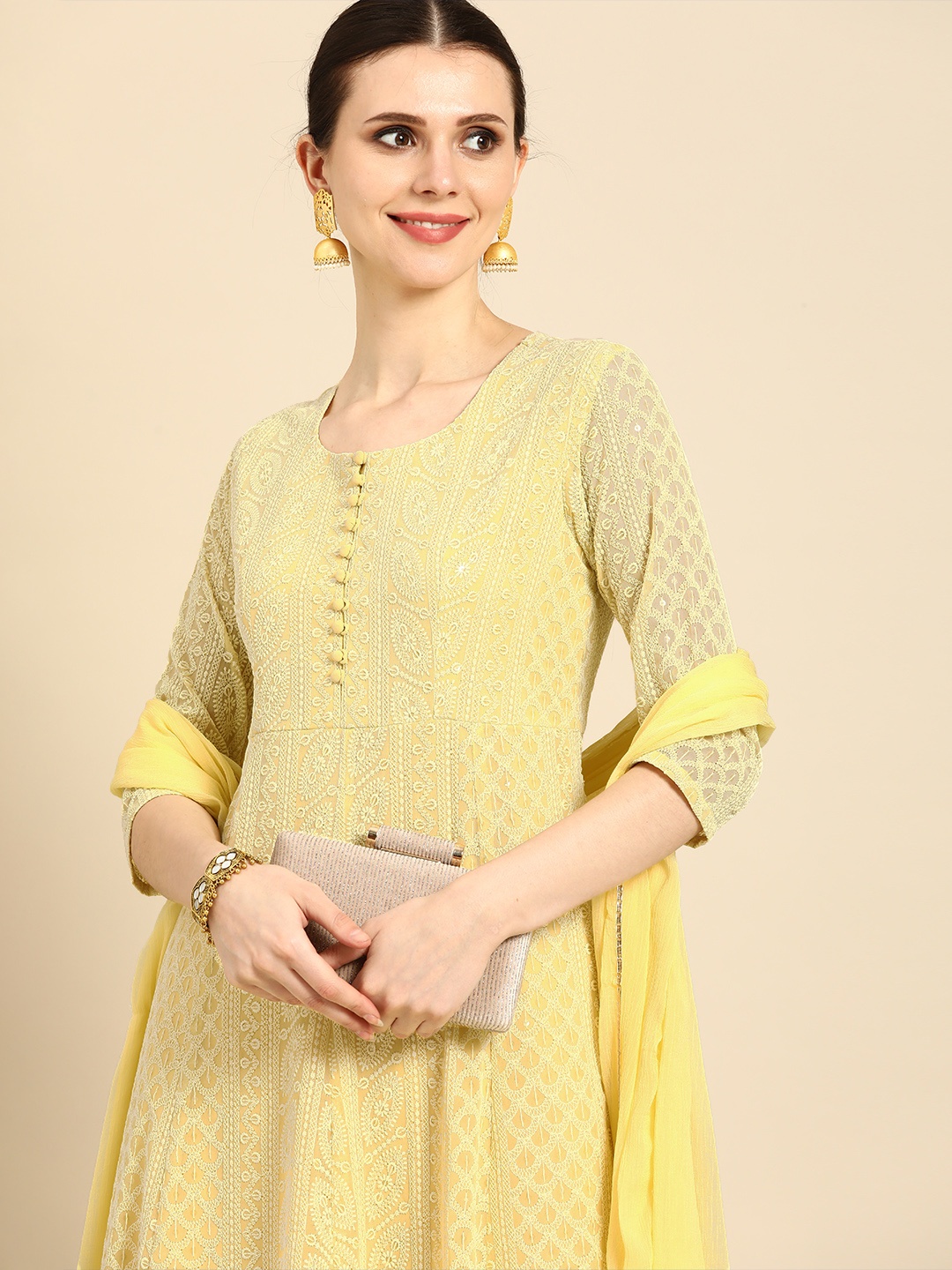 

Anouk Women Yellow & White Embroidered Panelled A-Line Kurta Palazzos & With Dupatta