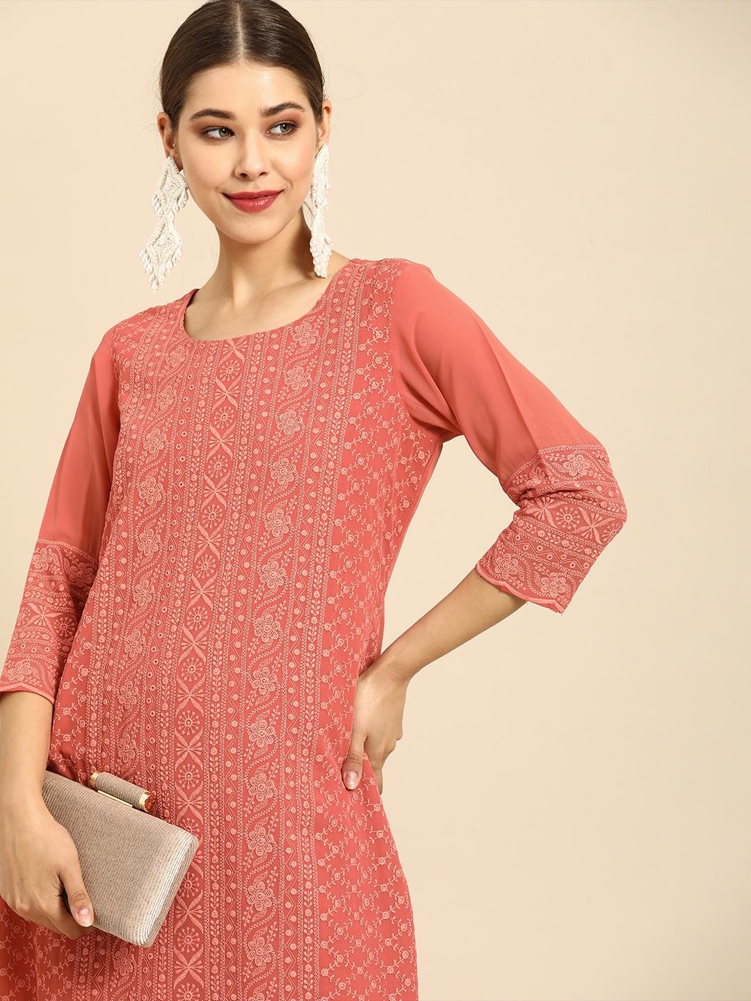 

Anouk Women Peach-Coloured Ethnic Motifs Embroidered Thread Work Straight Kurta Palazzos