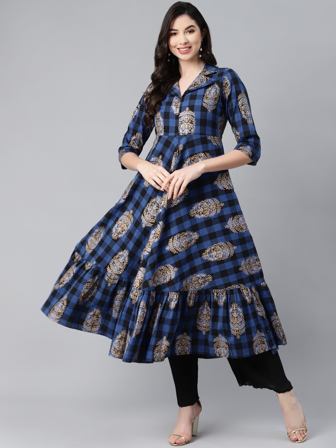 

MBE Women Blue & Black Ethnic Motifs Checked Pure Cotton Tiered Anarkali Kurta