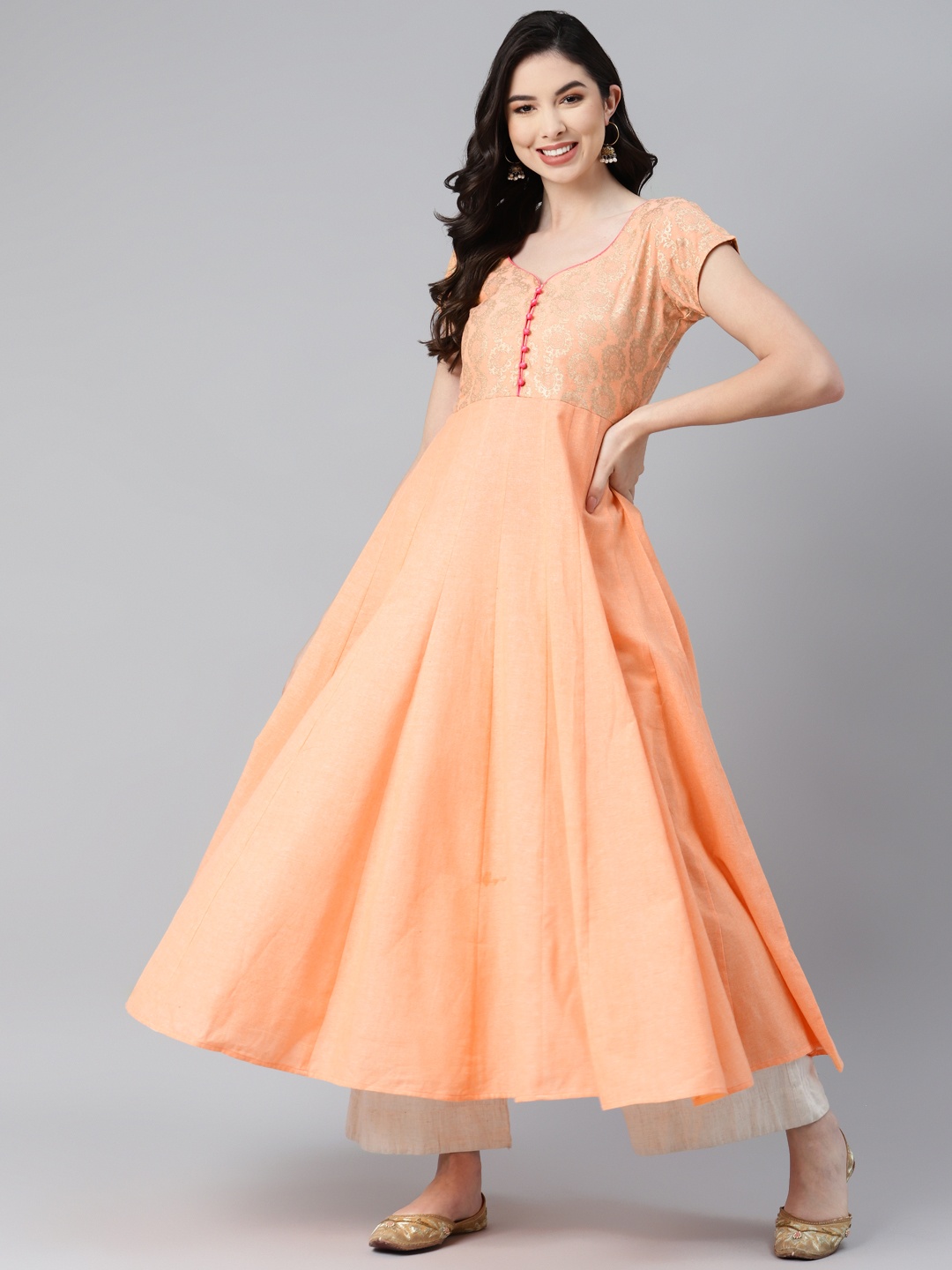 

MBE Women Peach-Coloured Ethnic Motifs Pure Cotton Yoke Design Pastels Anarkali Kurta