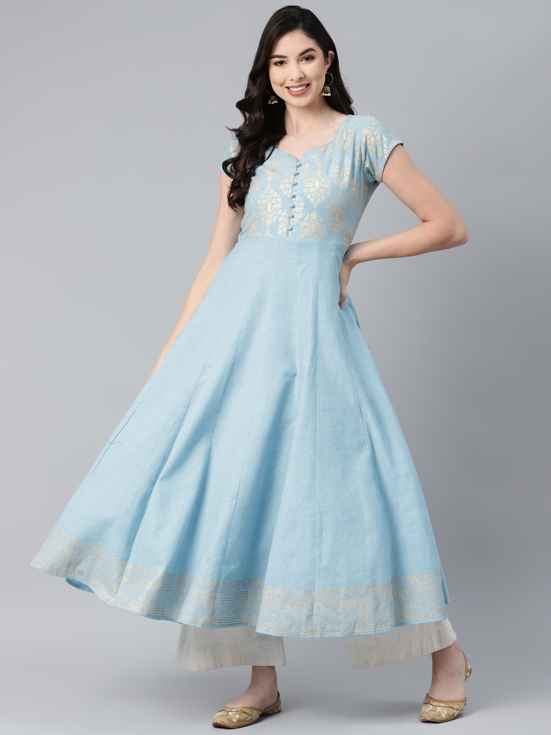 

MBE Women Blue Ethnic Motifs Yoke Design Pure Cotton Pastels Anarkali Kurta