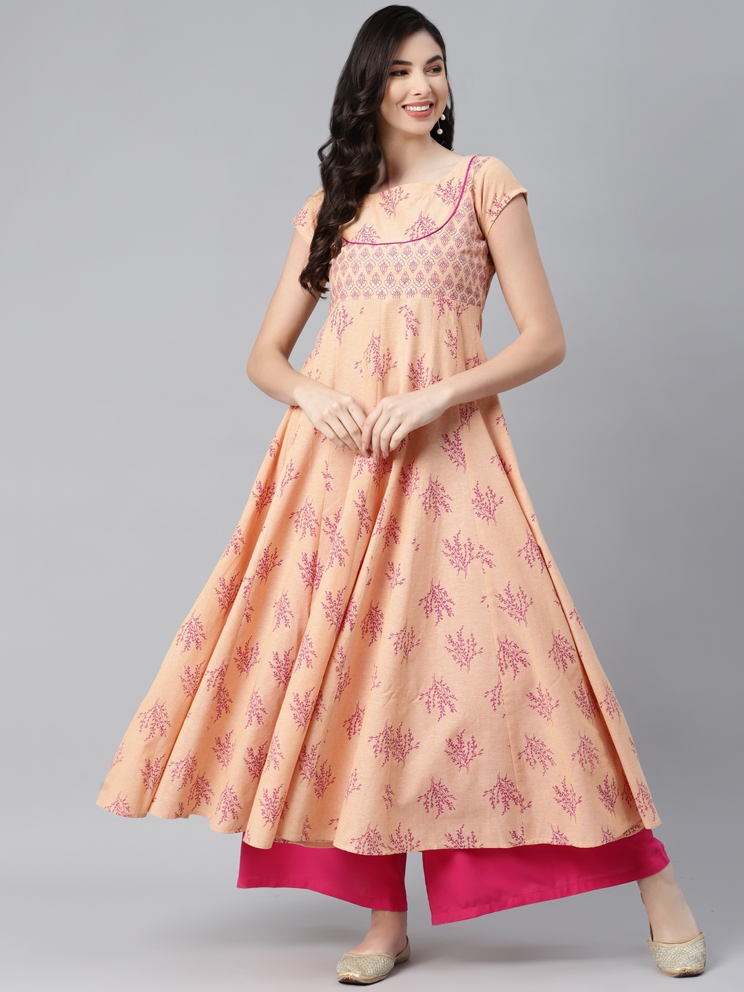 

MBE Women Peach-Coloured & Pink Floral Printed Pure Cotton Pastels Anarkali Kurta