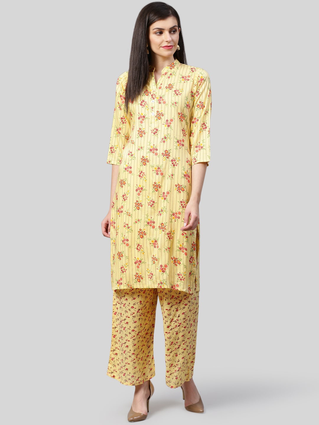 

Jompers Women Yellow Floral Print Kurta With Palazzos