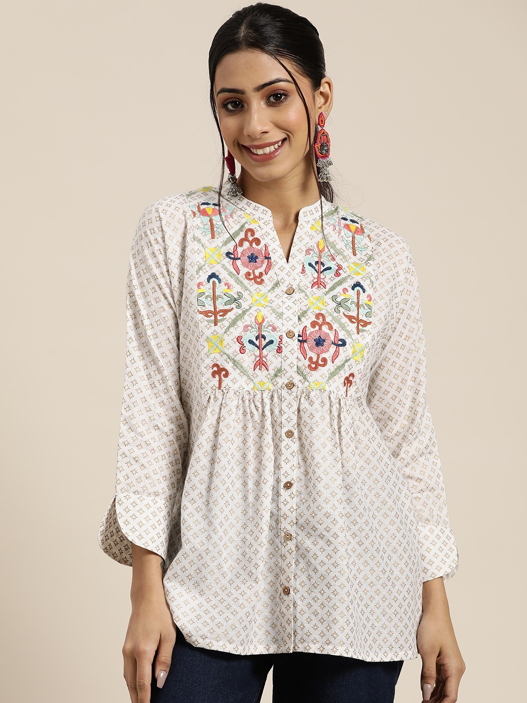 

Sangria Women Off White Embroidered Pure Cotton A-Line Top