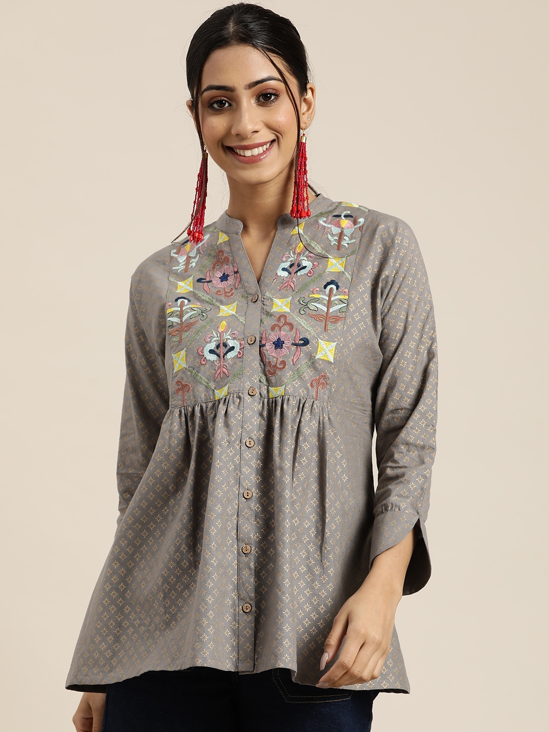 

Sangria Women Grey Embroidered Print Pure Cotton Mandarin Collar A-Line Top