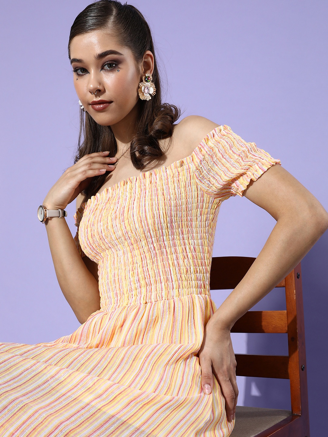 

DODO & MOA Women Bright Yellow Striped Peekaboo Bottom Dress