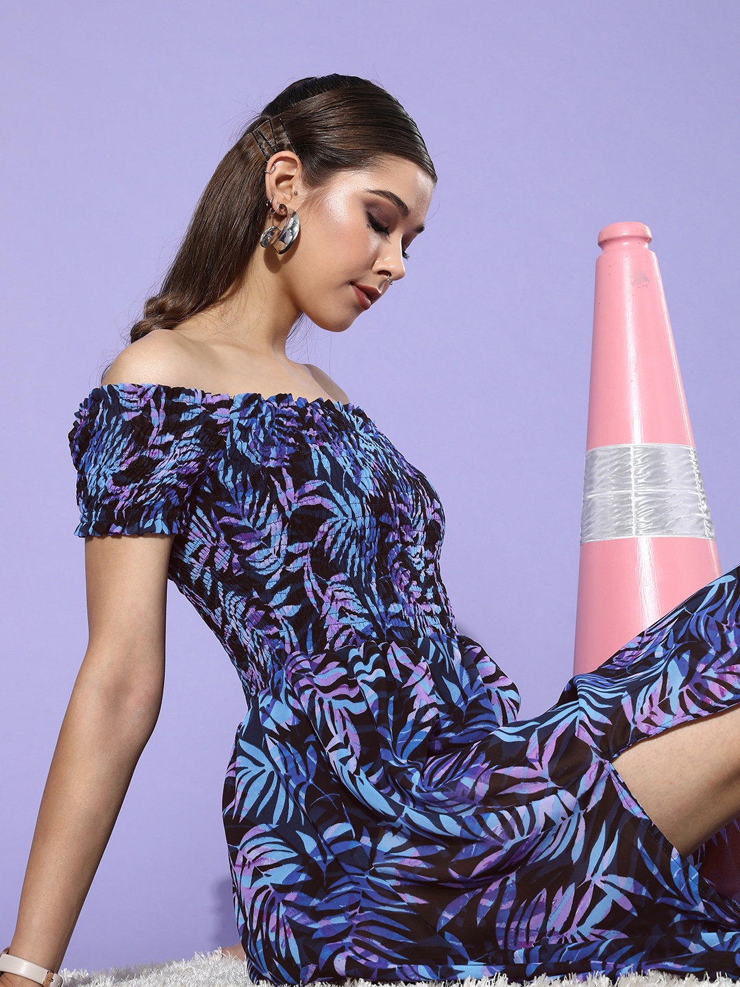 

DODO & MOA Women Stunning Blue Floral Peekaboo Bottom Dress
