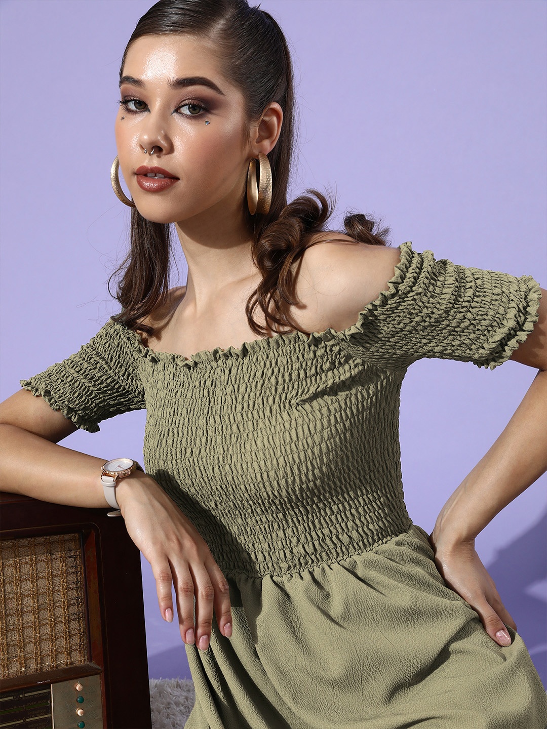 

DODO & MOA Women Lovely Olive Solid Peekaboo Bottom Dress