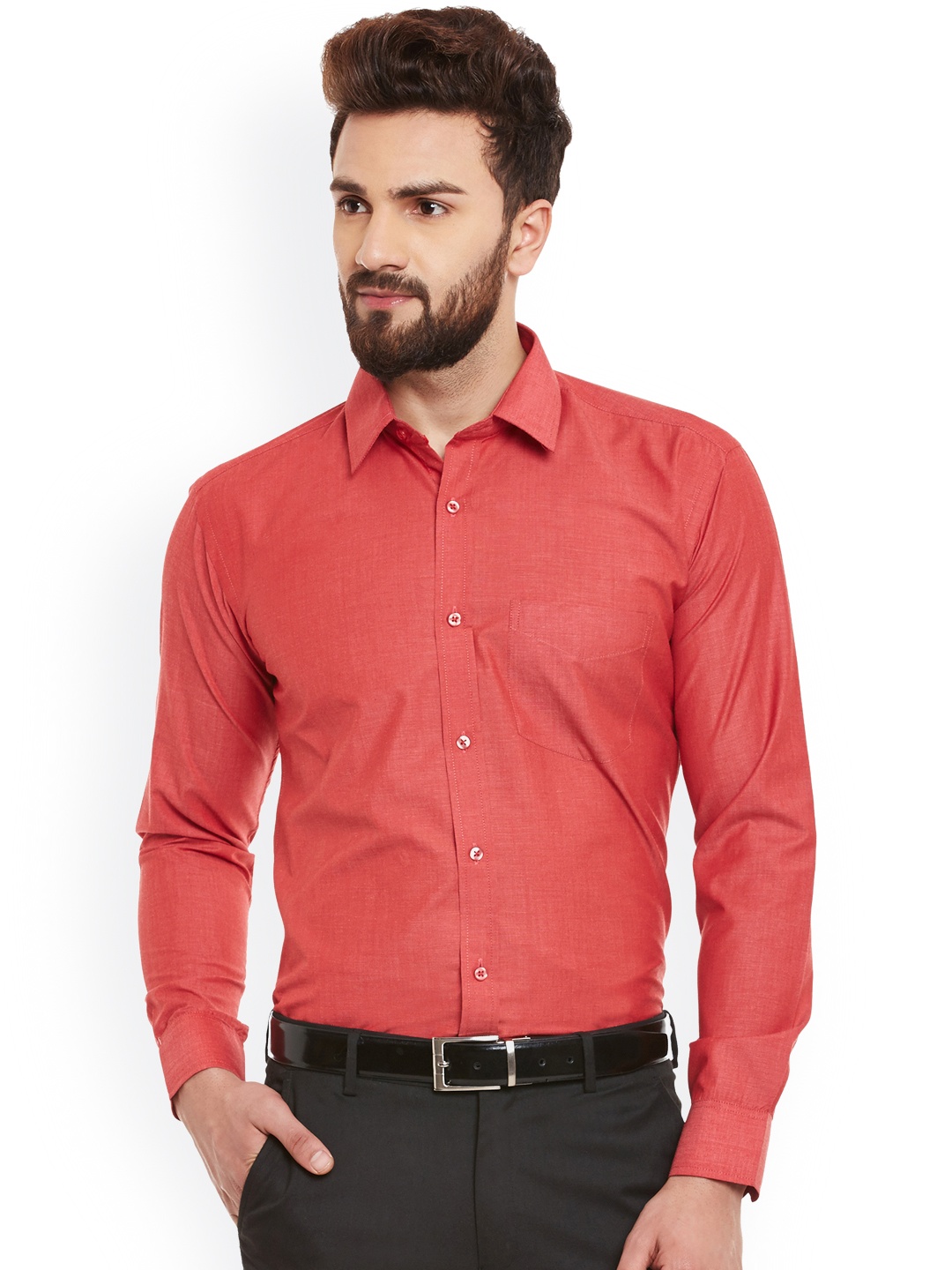 

Hancock Men Coral Red Slim Fit Solid Formal Shirt