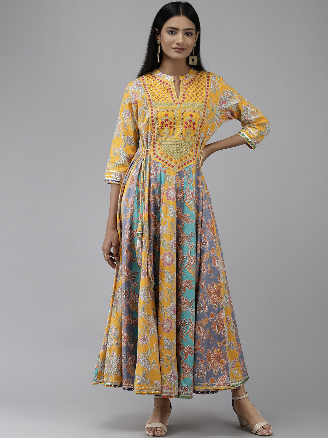 

Yufta Mustard Yellow & Multicoloured Ethnic Motifs Maxi Dress