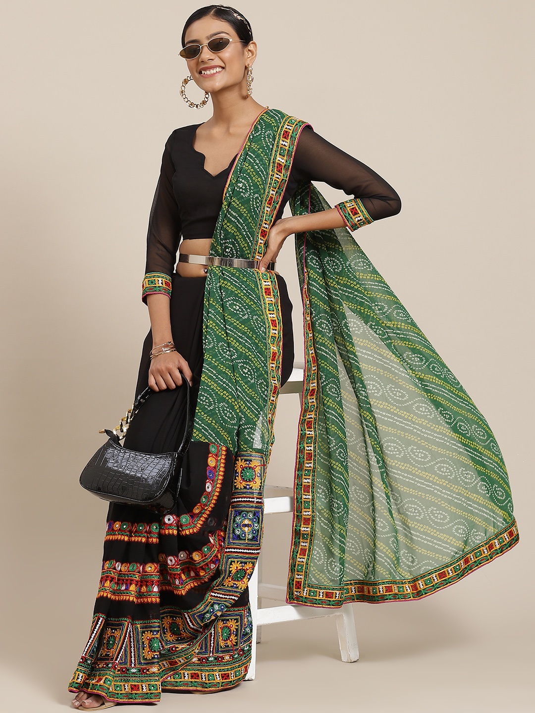 

Mitera Women Green & Black Floral Kutchi Embroidery Pure Georgette Half and Half Saree