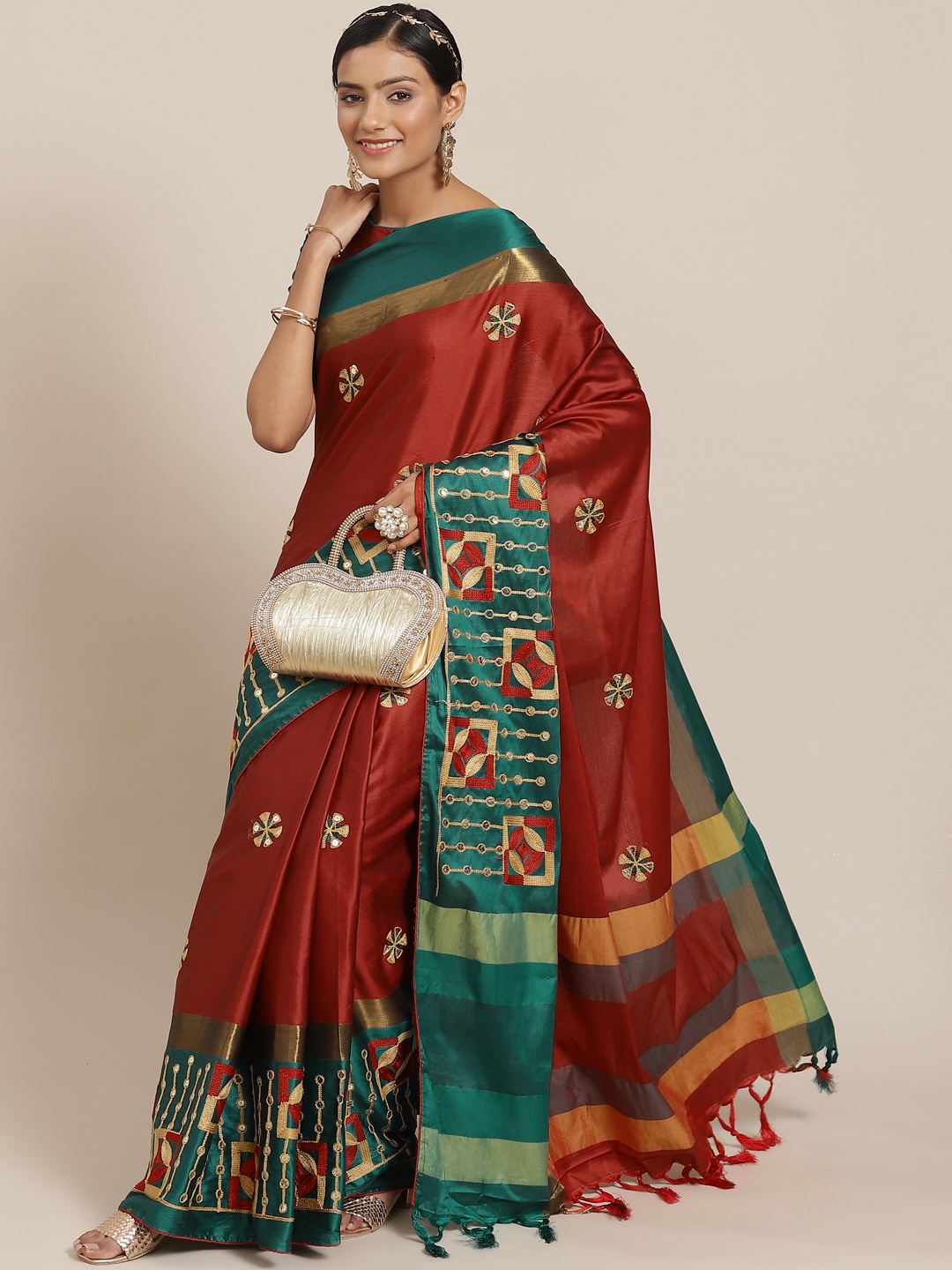 

Mitera Women Red & Green Sequinned Silk Cotton Saree