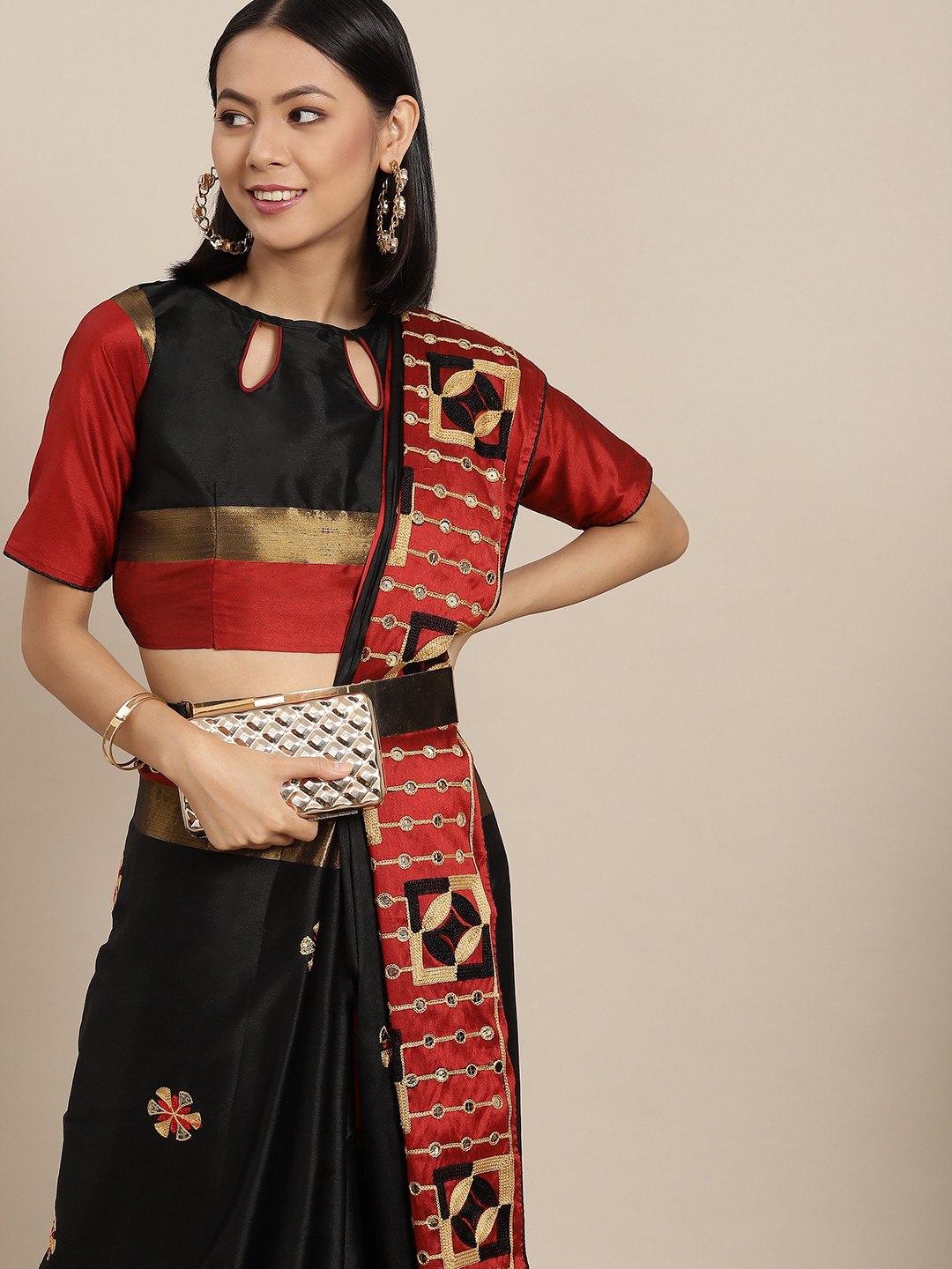 

Mitera Black & Red Geometric Embroidered Sequinned Saree
