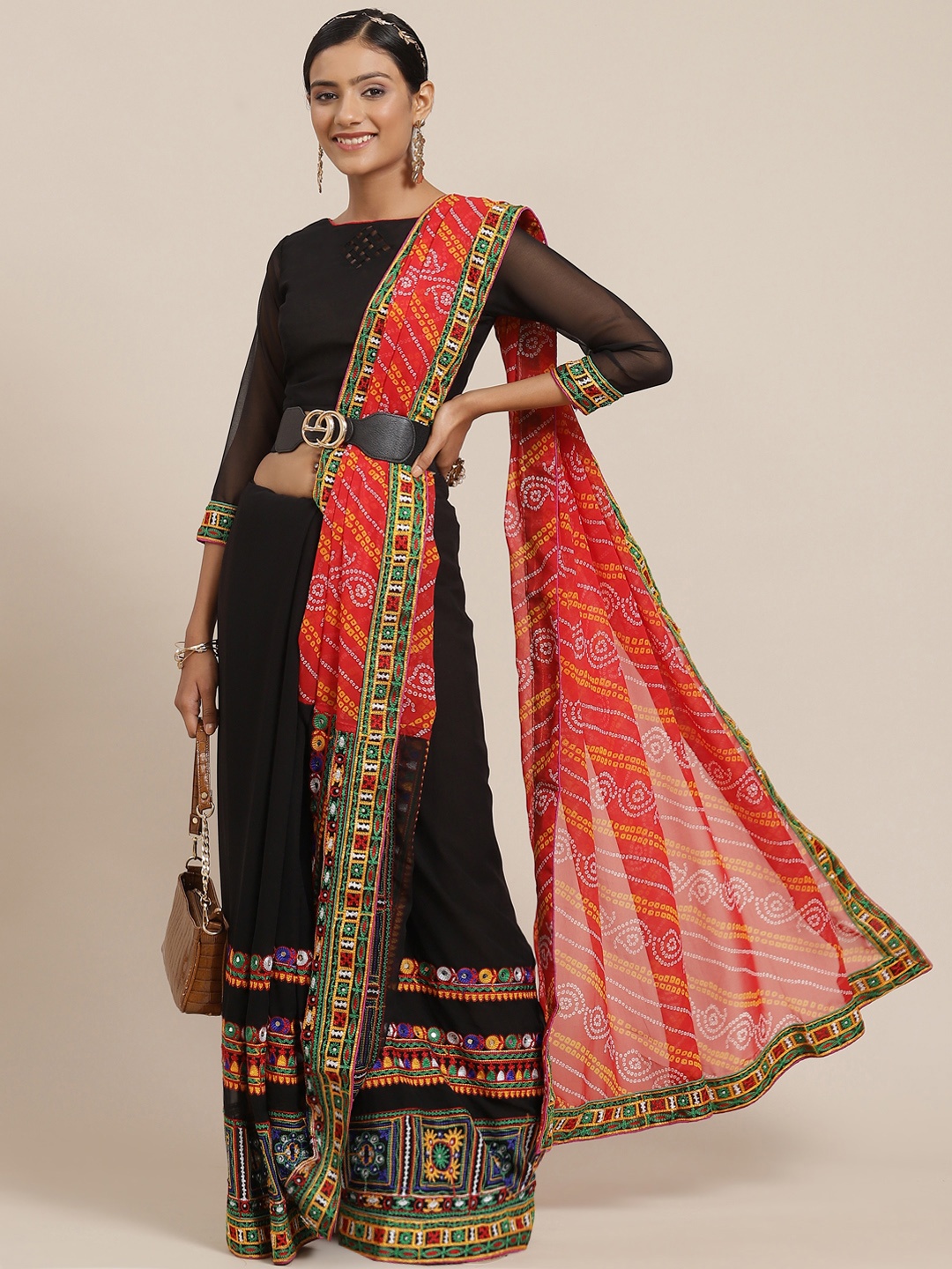 

Mitera Women Red & Black Bandhani Kutchi Embroidery Pure Georgette Half and Half Saree