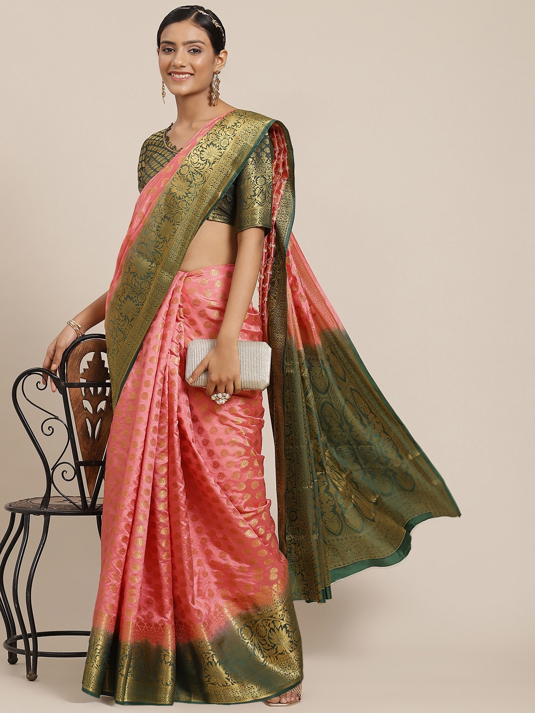 

Mitera Women Pink & Green Floral Silk Blend Banarasi Saree