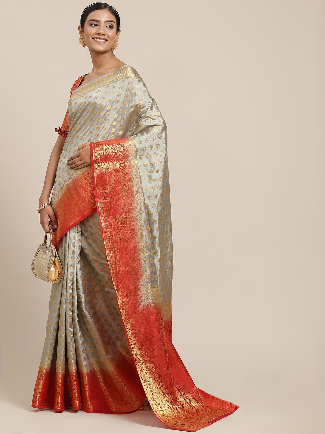 

Mitera Women Grey Floral Silk Blend Ready to Wear Banarasi Saree