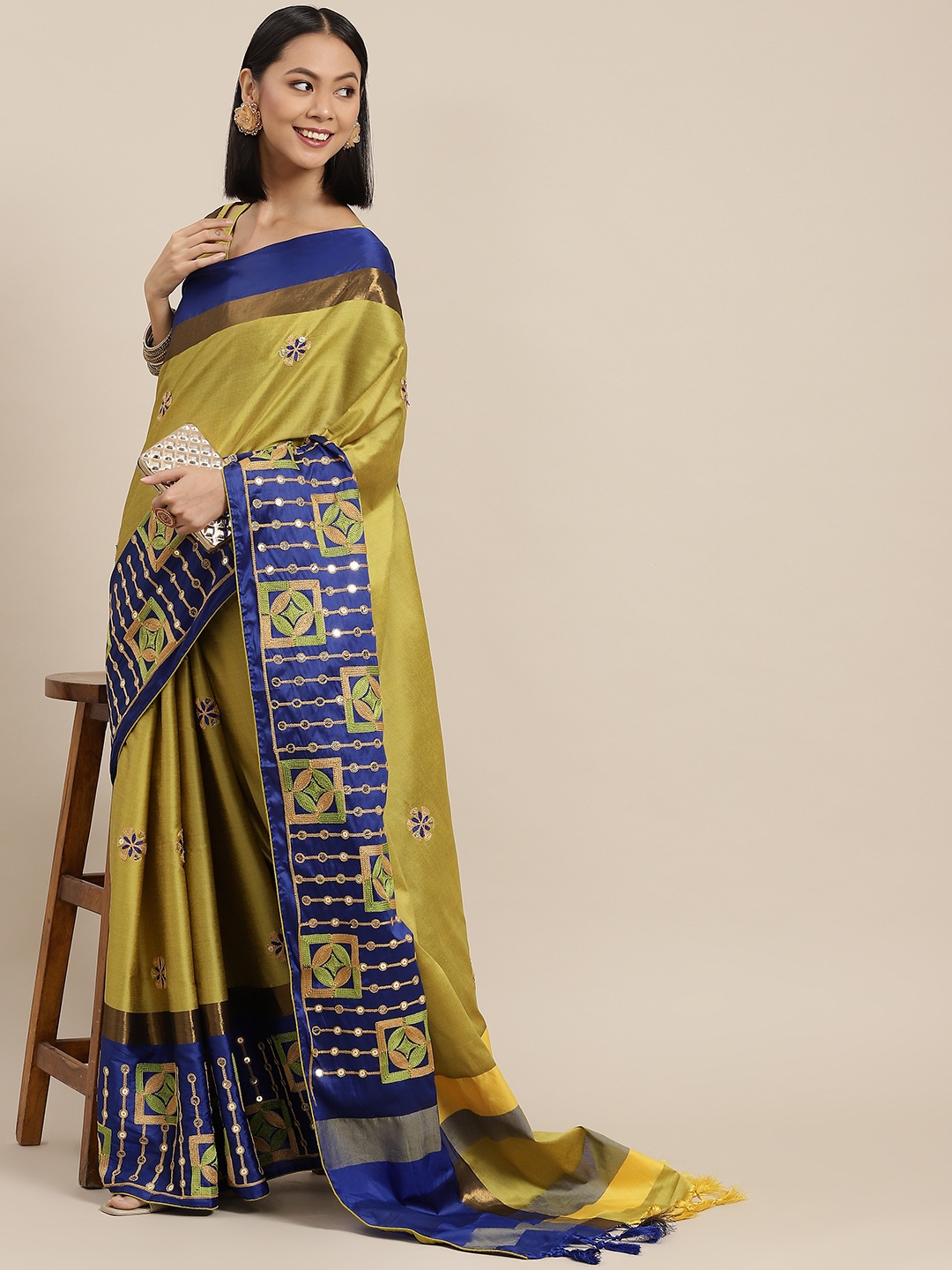 Mitera Yellow & Navy Blue Geometric Embroidered Sequinned Saree