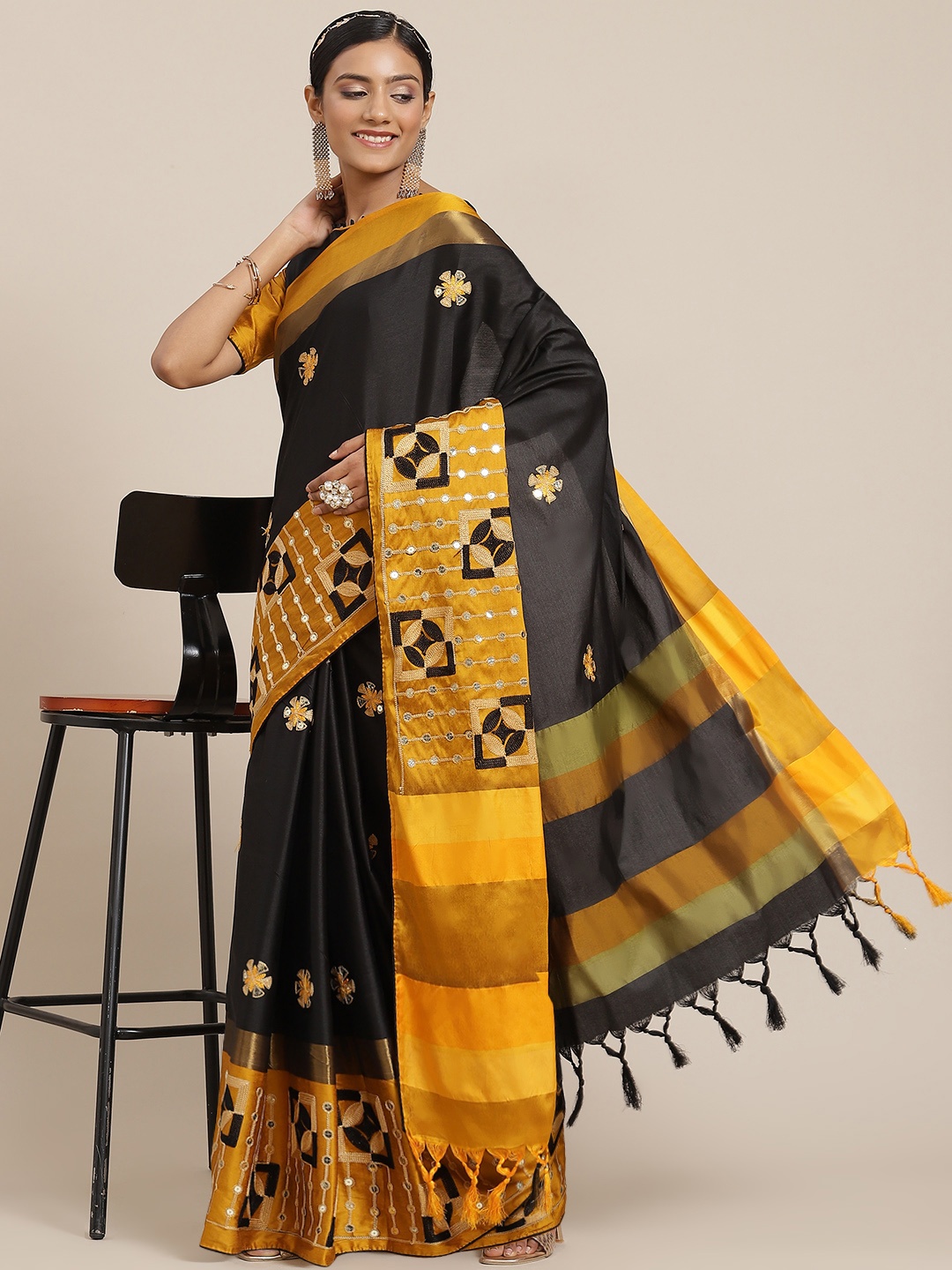 

Mitera Women Black & Mustard Yellow Sequinned Silk Cotton Ready to Wear Saree