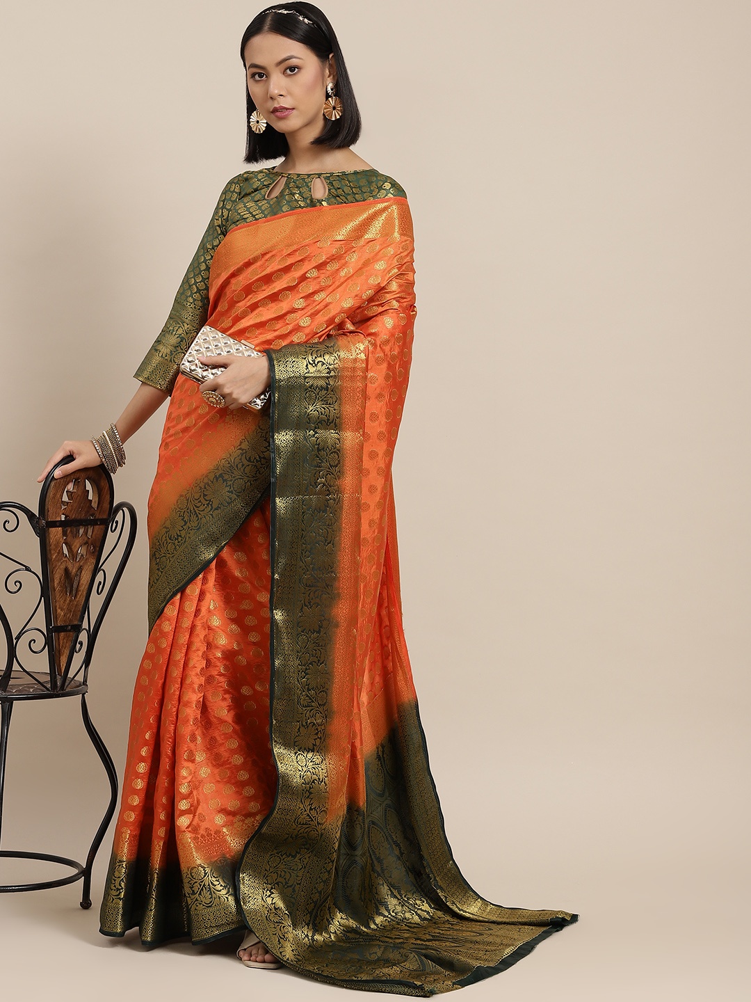 

Mitera Orange & Green Floral Woven Design Banarasi Saree