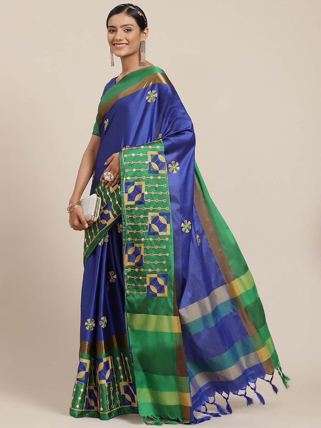 

Mitera Women Blue & Green Sequinned Silk Cotton Saree