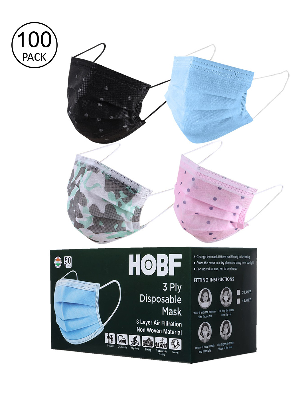 

Swiss Design Pack Of 100 Assorted 3 Ply Outdoor Masks with Nose Pin