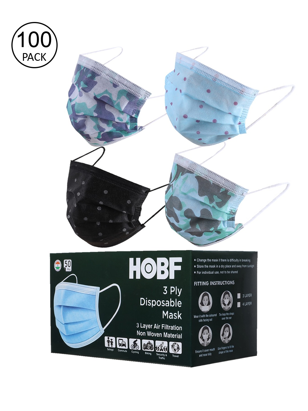 

Swiss Design Pack of 100 Assorted 3 Ply Outdoor Masks with Nose Pin
