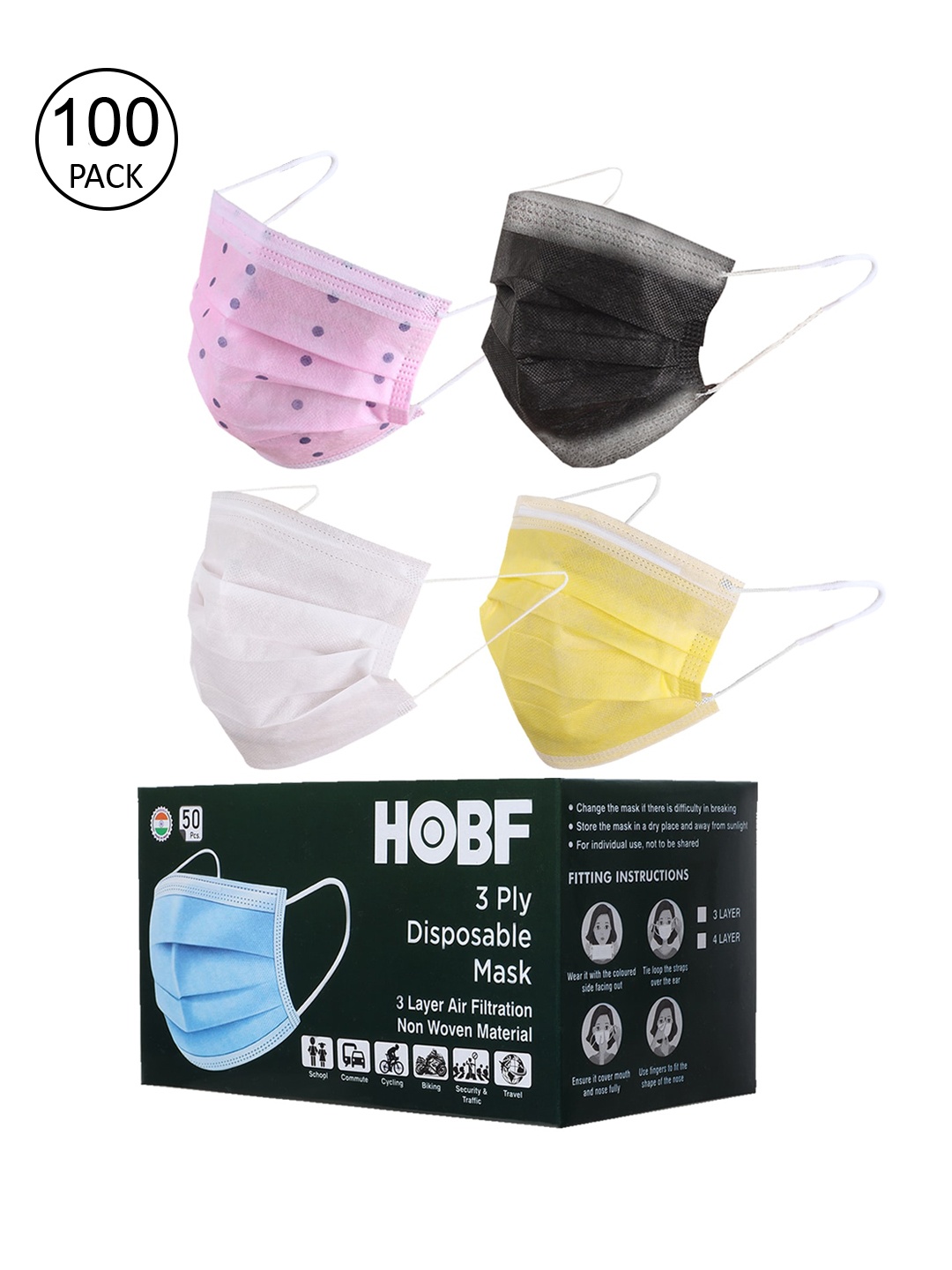Swiss Design Pack of 100 Assorted 3 Ply Outdoor Masks with Nose Pin