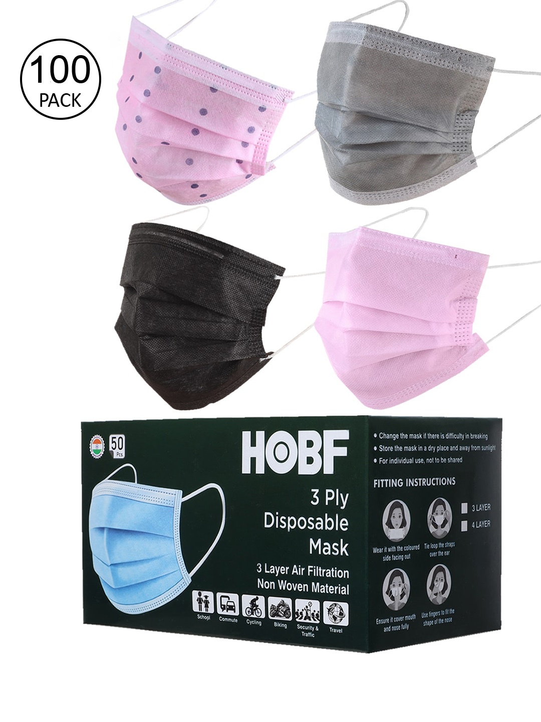 Swiss Design Pack of 100 Assorted 3 Ply Outdoor Masks with Nose Pin