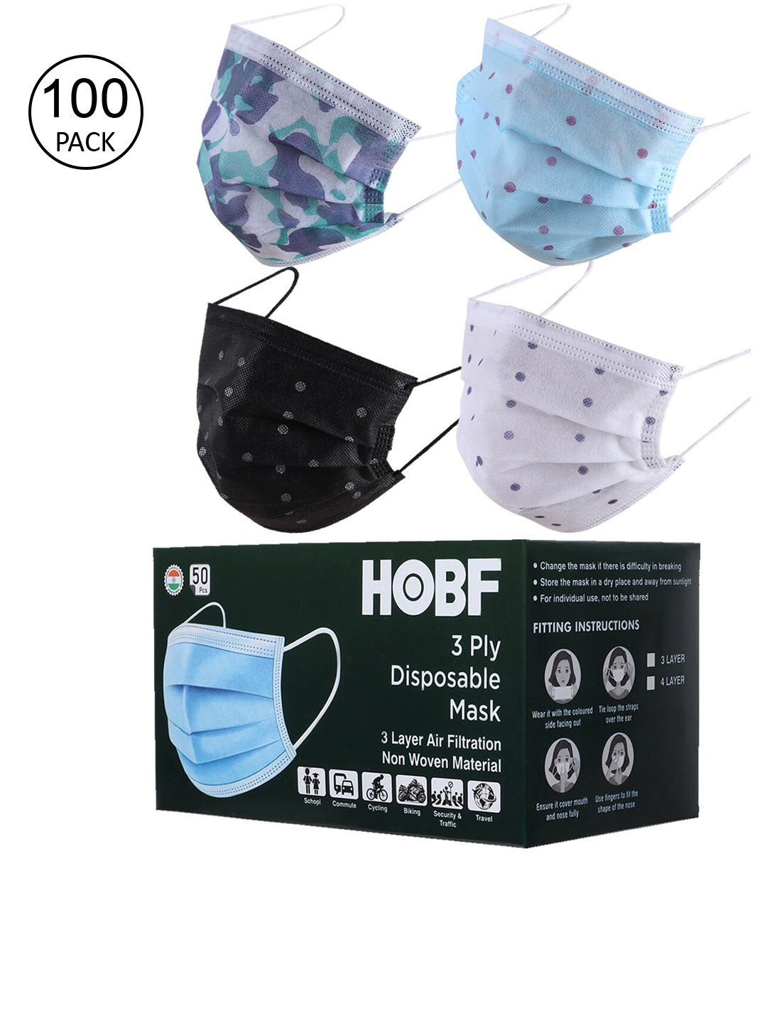 

Swiss Design Pack of 100 Assorted 3 Ply Outdoor Masks with Nose Pin