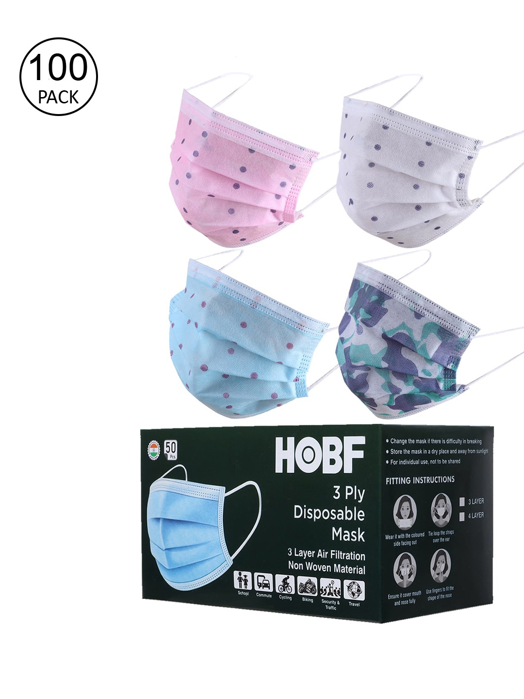 

Swiss Design Pack Of 100 Assorted 3-Ply Surgical Masks With Nose-Pin