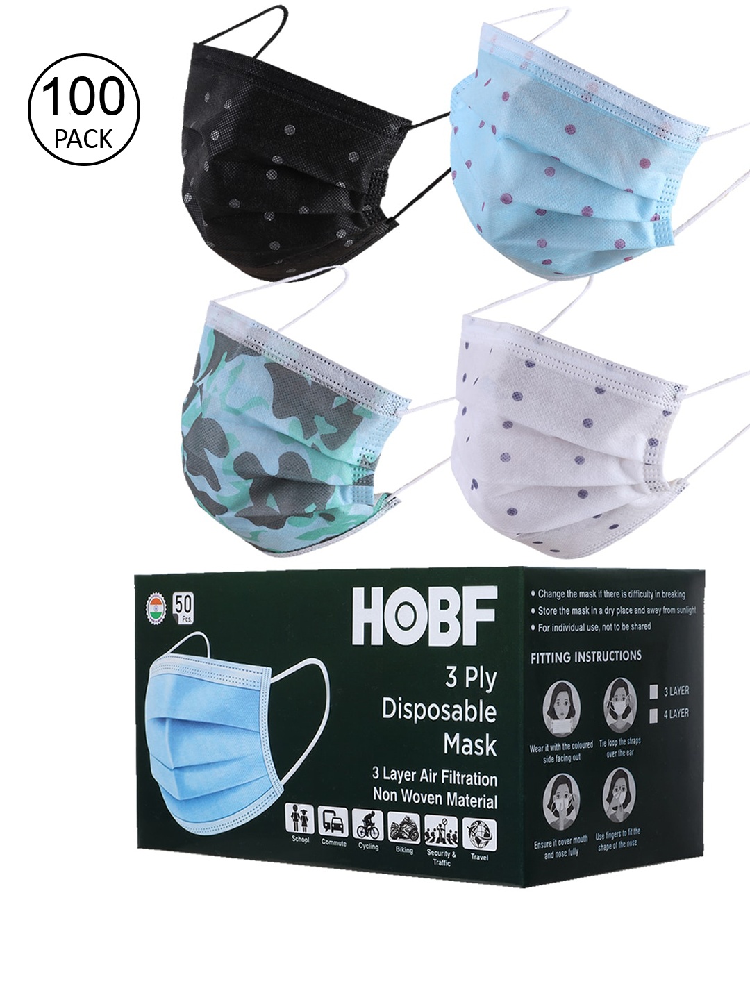 

Swiss Design Pack Of 100 Assorted 3-Ply Surgical Masks With Nose-Pin