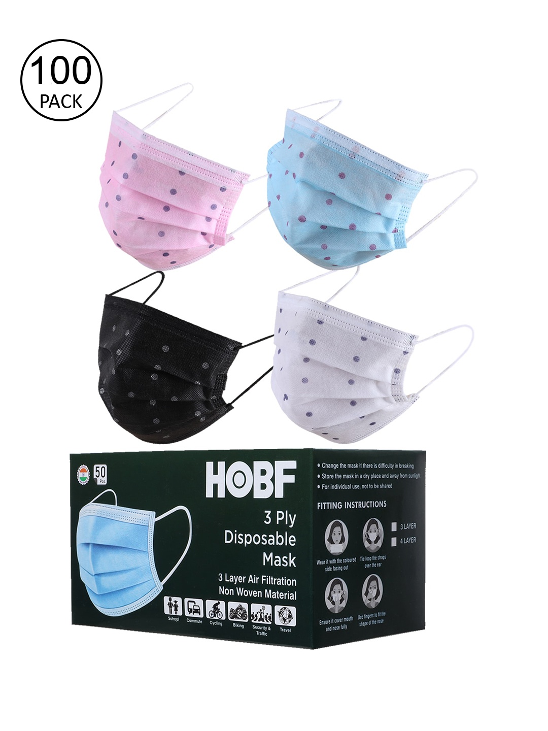 

Swiss Design Pack Of 100 Assorted 3-Ply Surgical Masks With Nose-Pin