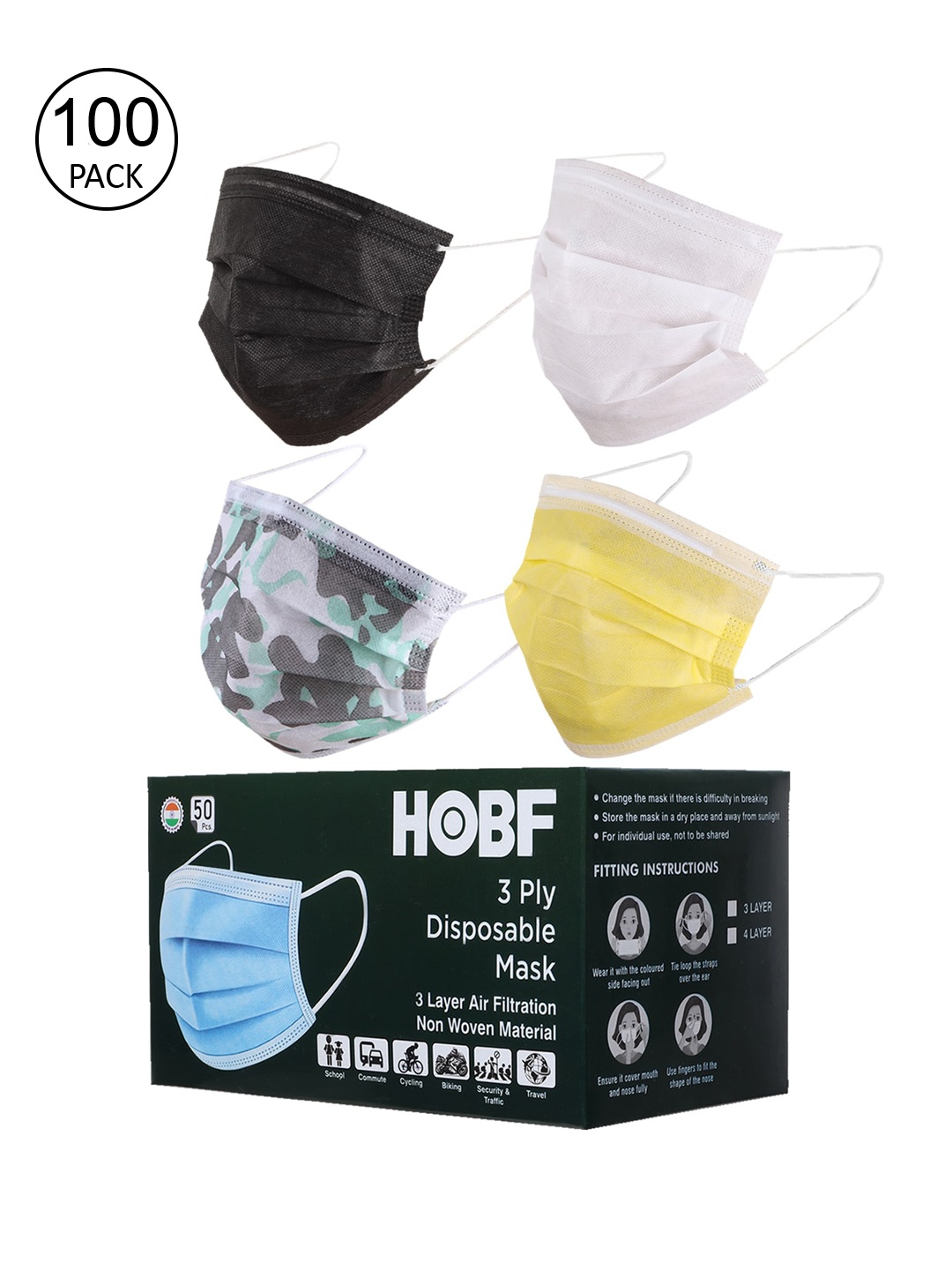 

Swiss Design Pack of 100 Assorted 3 Ply Outdoor Masks with Nose Pin