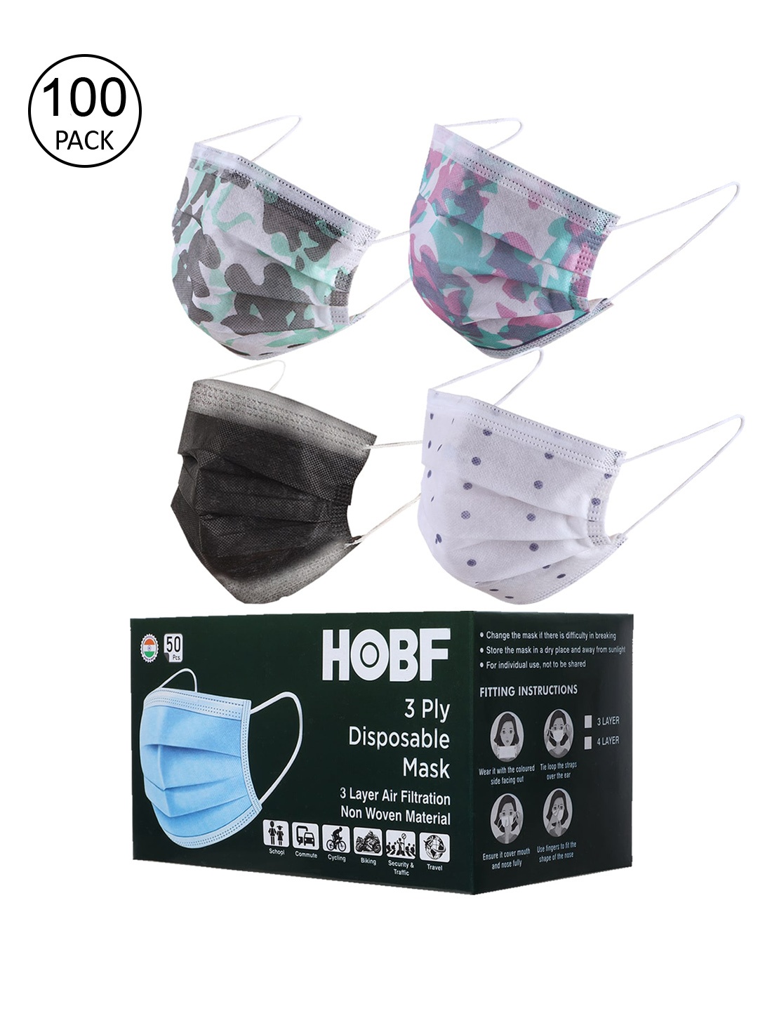 

Swiss Design Pack Of 100 Assorted 3-Ply Surgical Masks With Nose-Pin