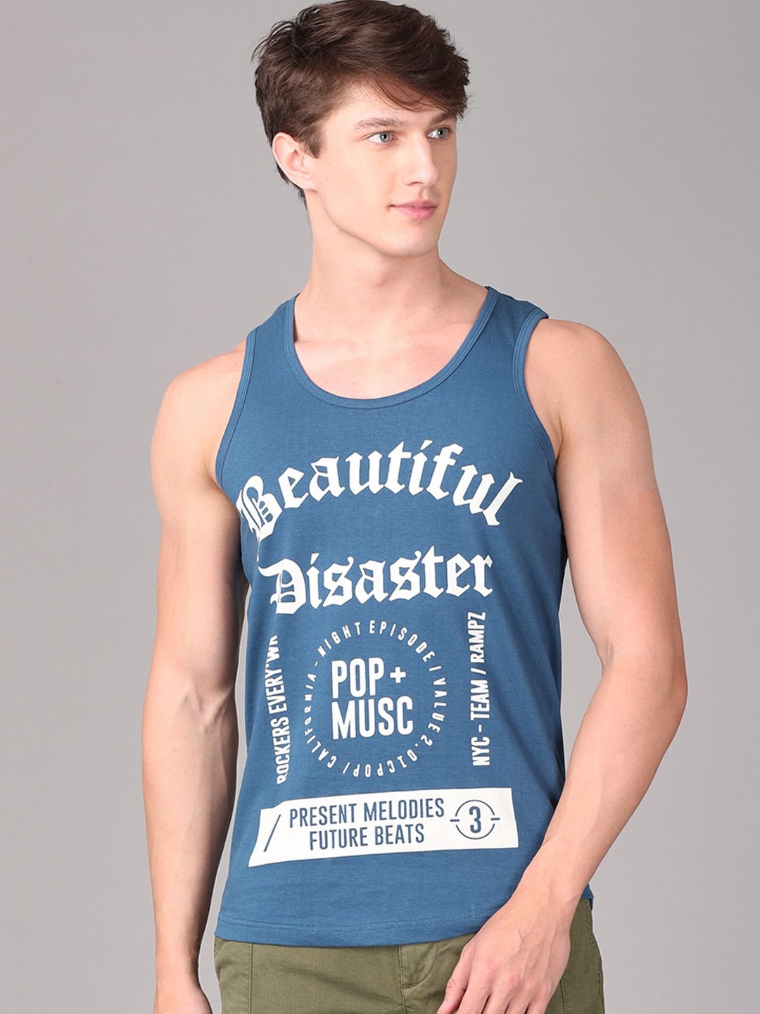 

IMYOUNG Men Blue & White Printed Cotton Innerwear Vest