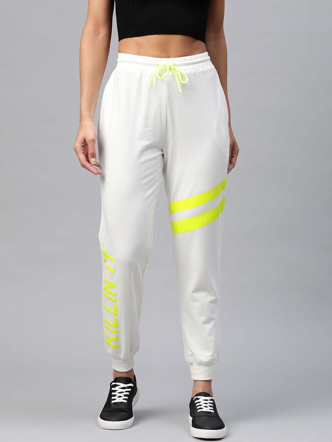 

Laabha Women White & Yellow Typography Printed Joggers, Off white