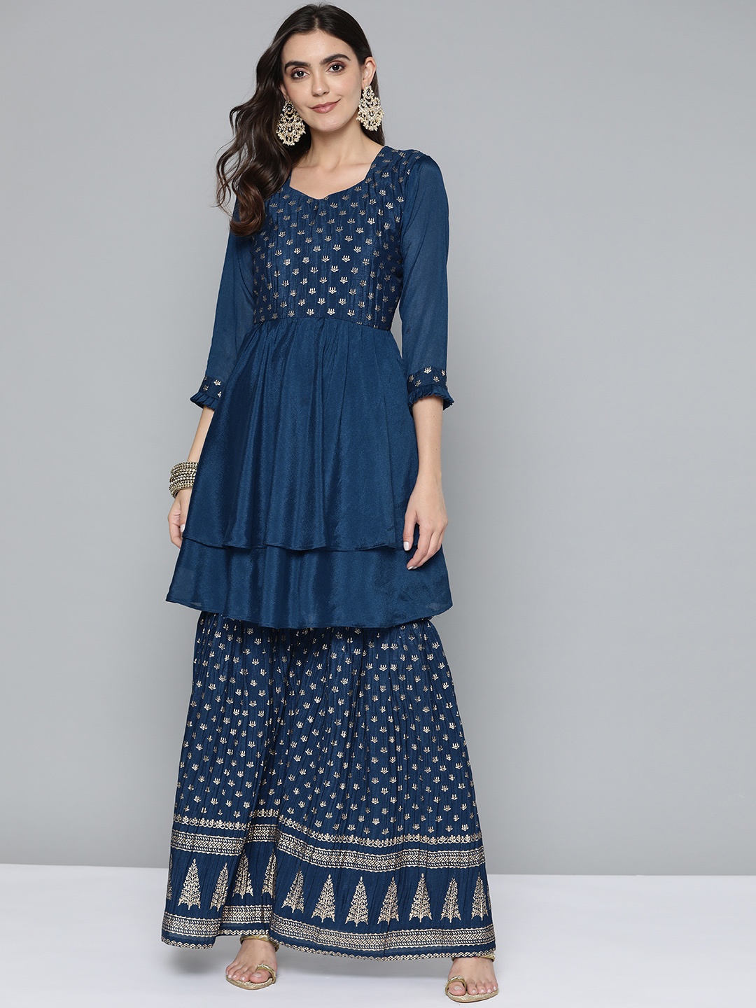 

Kvsfab Women Blue Floral Print Layered Kurta with Sharara