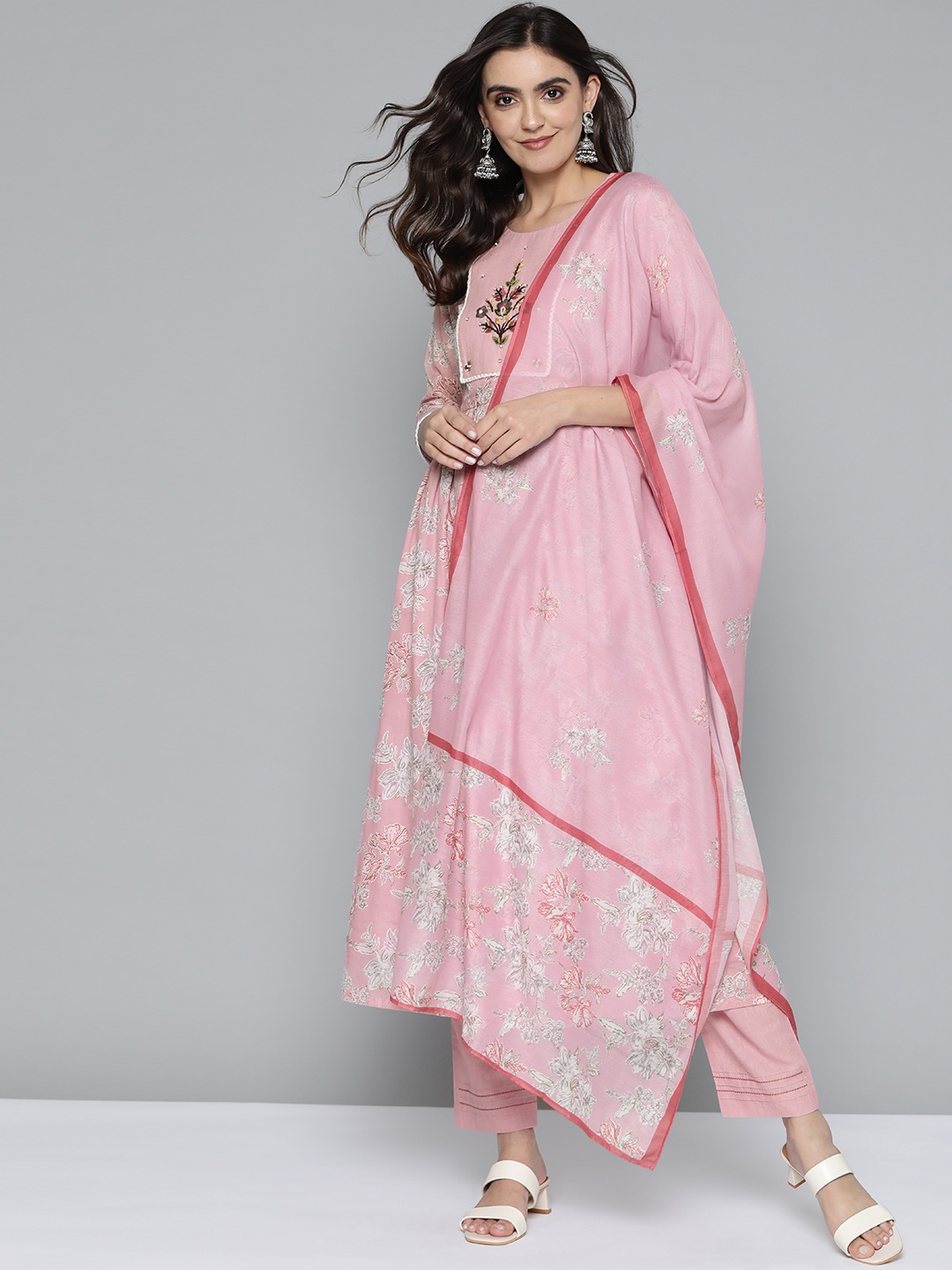 

Kvsfab Women Pink Floral Embroidered Pleated Pure Cotton Kurta with Trousers & Dupatta