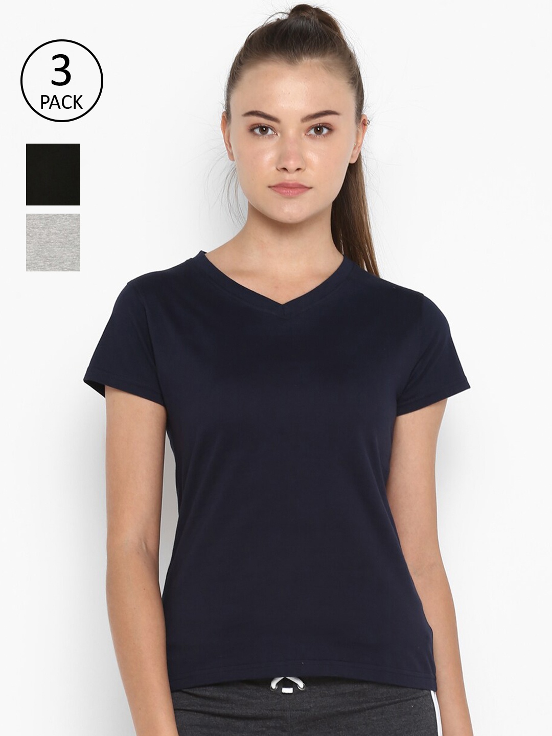 

appulse Women Pack Of 3 Solid V-Neck Slim Fit Running T-shirt, Black